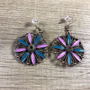 Bohemian  Flower Pinwheel Blue and Pink Earrings